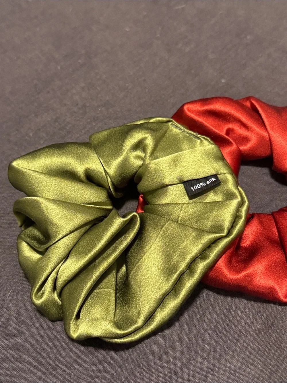 Silk Scrunchie Duo in Olive Green & Red